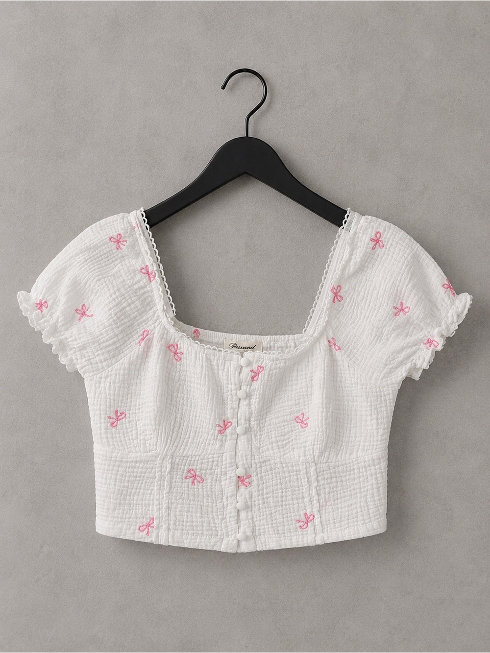 Passport Bow Embroidered Puff Sleeve Crop Top